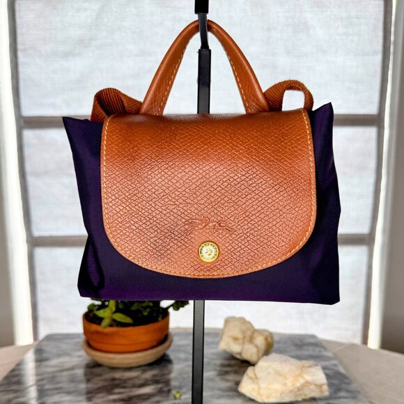 Longchamp Le Pliage Original Foldable Backpack - Purple Nylon & Brown Leather - Picture 13 of 14